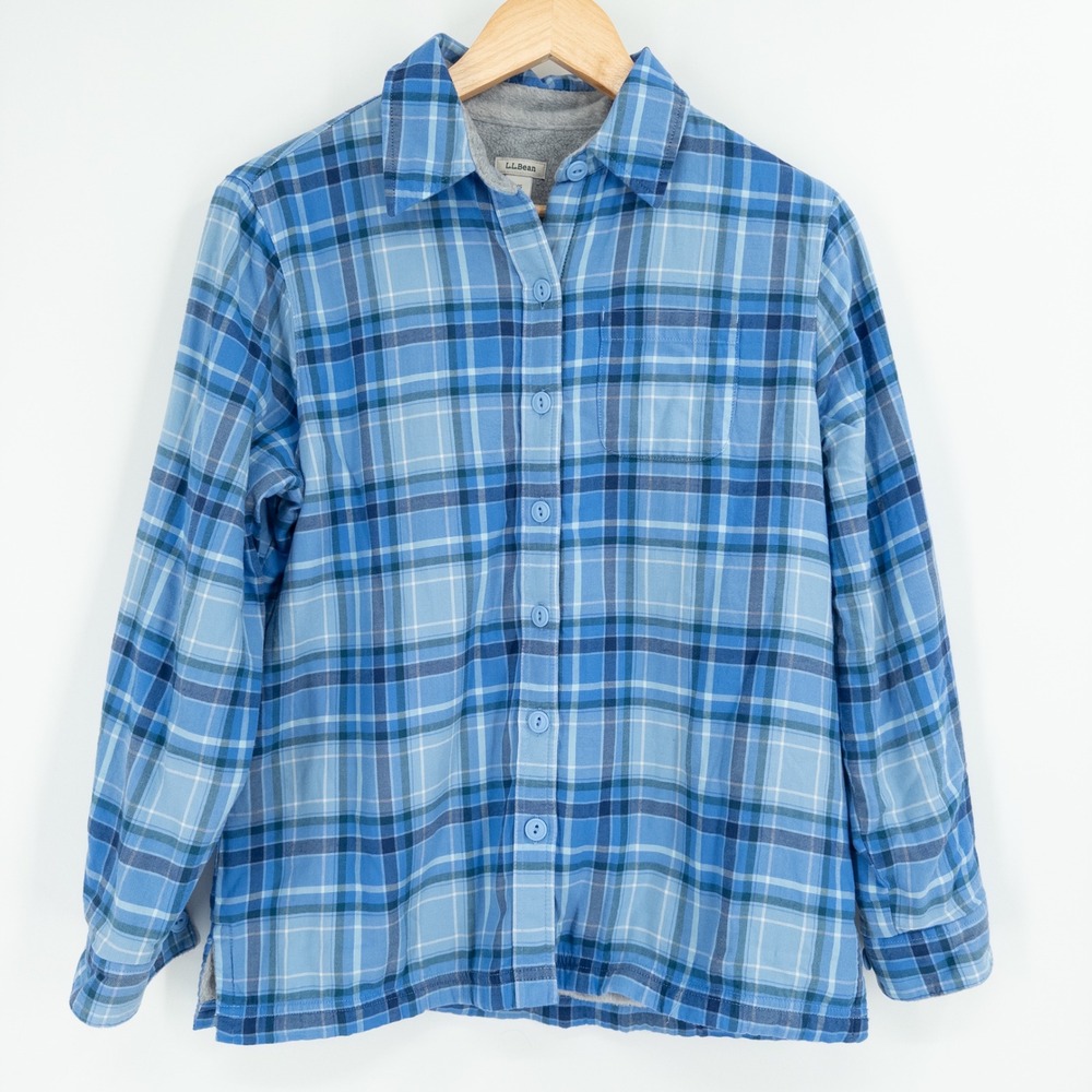 LL‎ Bean Blue Plaid Fleece Lined Flannel Shirt Womens XS Petite Cozy Warm Hike